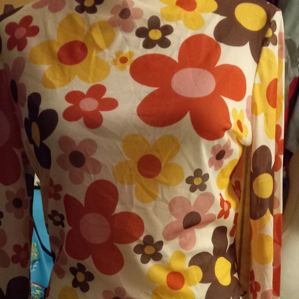 New,Retro Floral Long Sleeve Top in Cream, Orange & Yellow